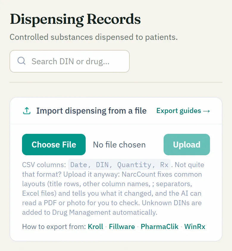 NarcCount's Dispensing Records screen with the “Import dispensing from a file” panel open.