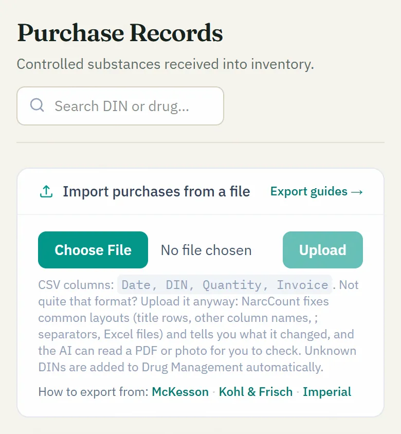 NarcCount's Purchase Records screen with the “Import purchases from a file” panel open.
