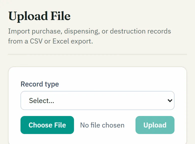 NarcCount's Upload File screen: pick the record type, choose the file, upload; with the CSV columns each record type needs.